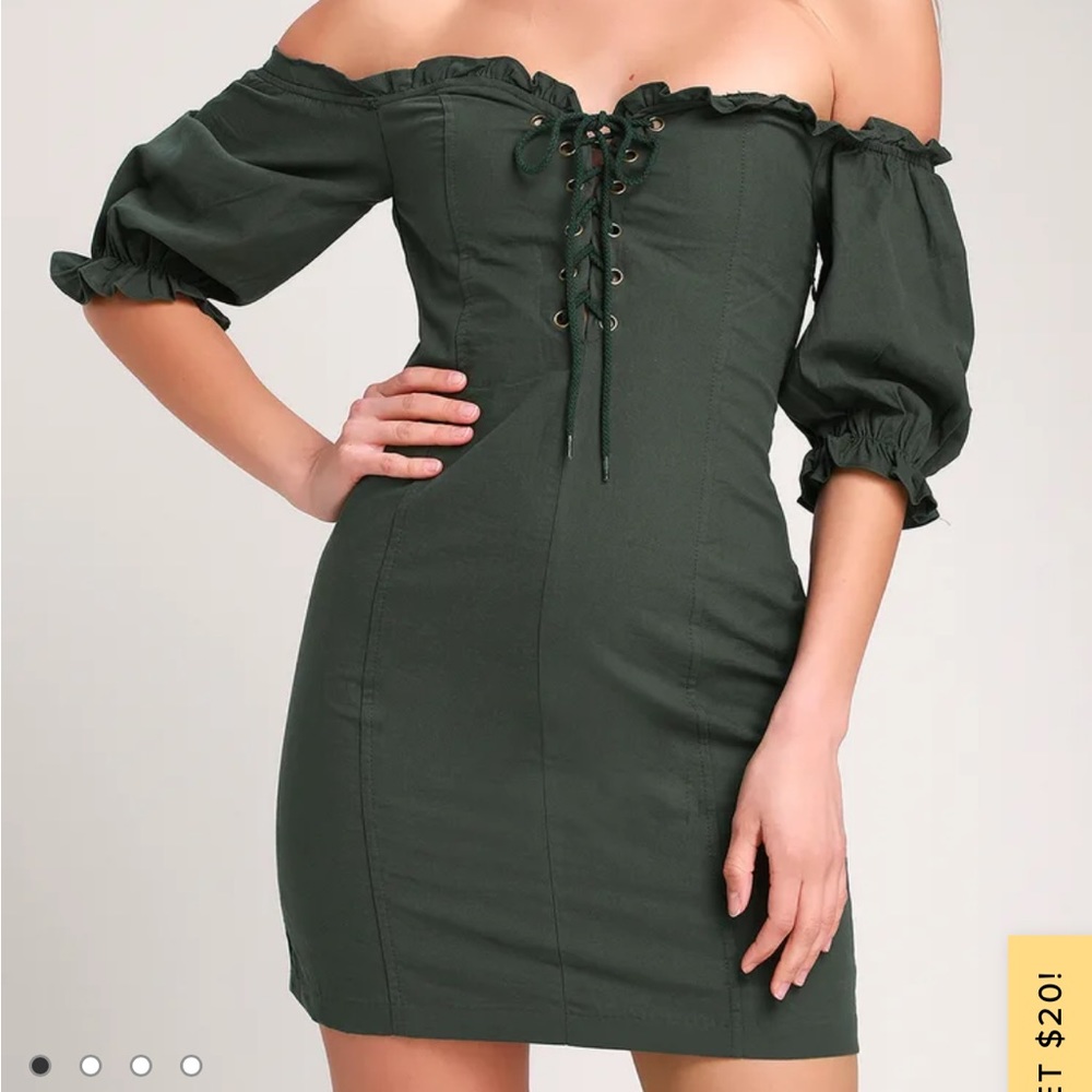 Lulus See Ya Later Dark Green Off the Shoulder Lace Up Dress